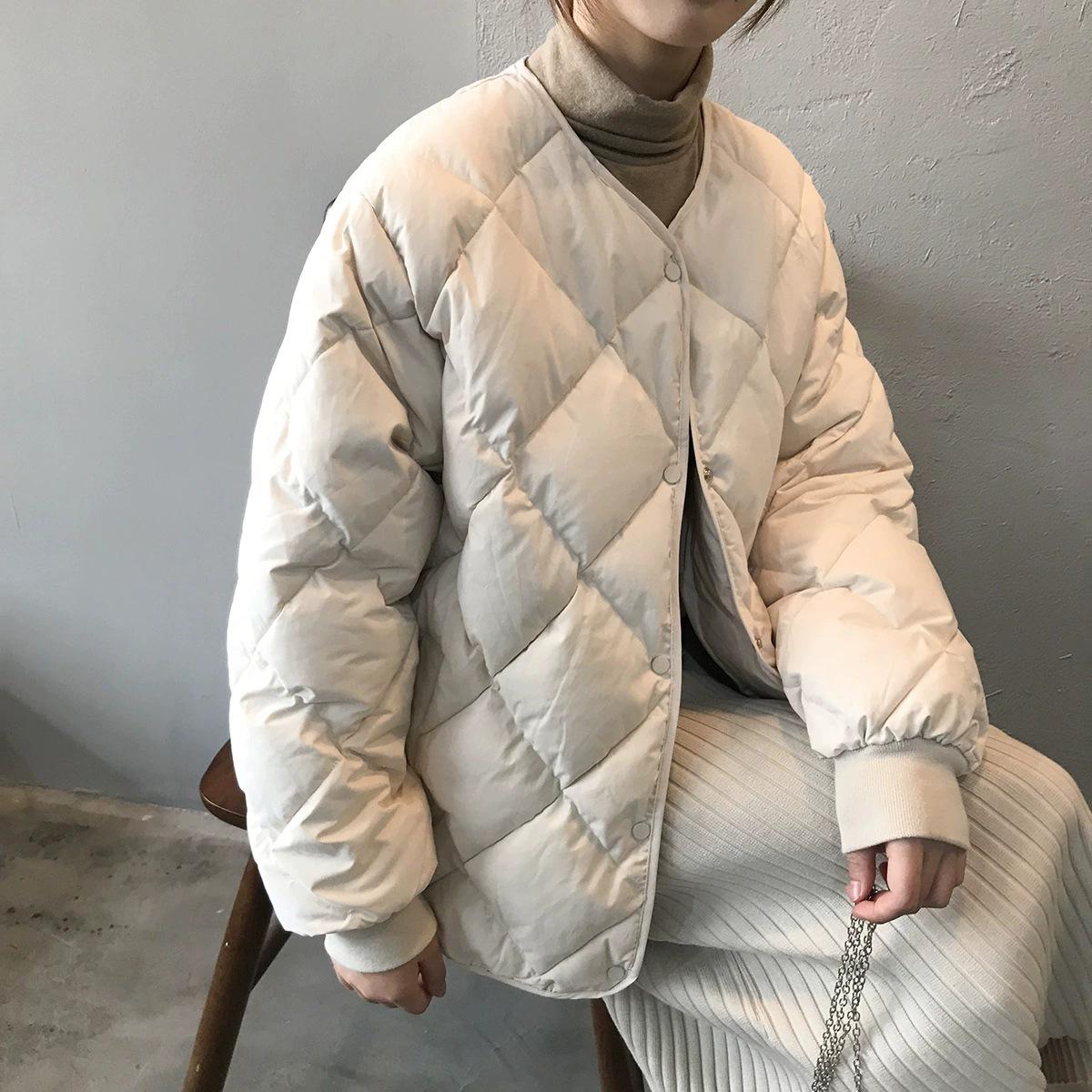 

Women s Lightweight Plaid Puffer Jacket - Collarless, Short, Round Neck, Trendy Autumn/Winter Style Large грязно-белый