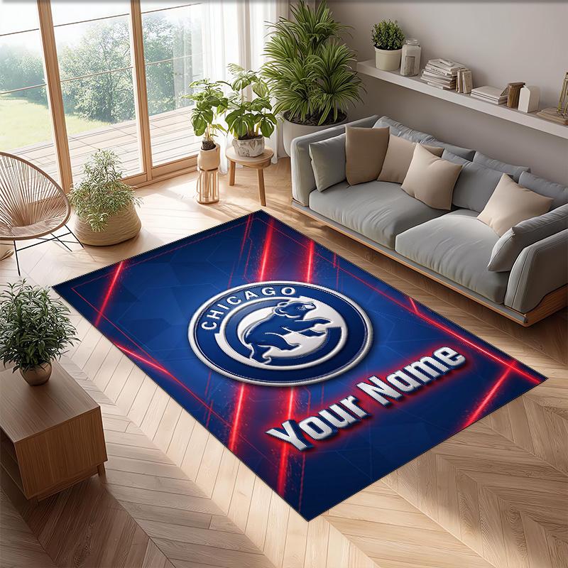 Chicago Cubs Crystal Velvet Rug, Custom Name Text Personalized Non‑Slip Floor Mat for Home Decor Gift