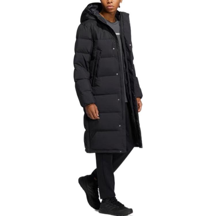 Adidas Solid Color Logo Print Hooded Mid-Length Down Jacket Men Outerwear Black HZ5345