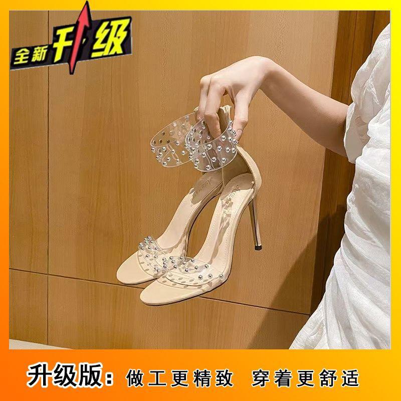 Summer 2025 New Pearl One-word Transparent Strap Stiletto Sandals Celebrity Pearl Open-toe Buckle Strap Temperament High Heels