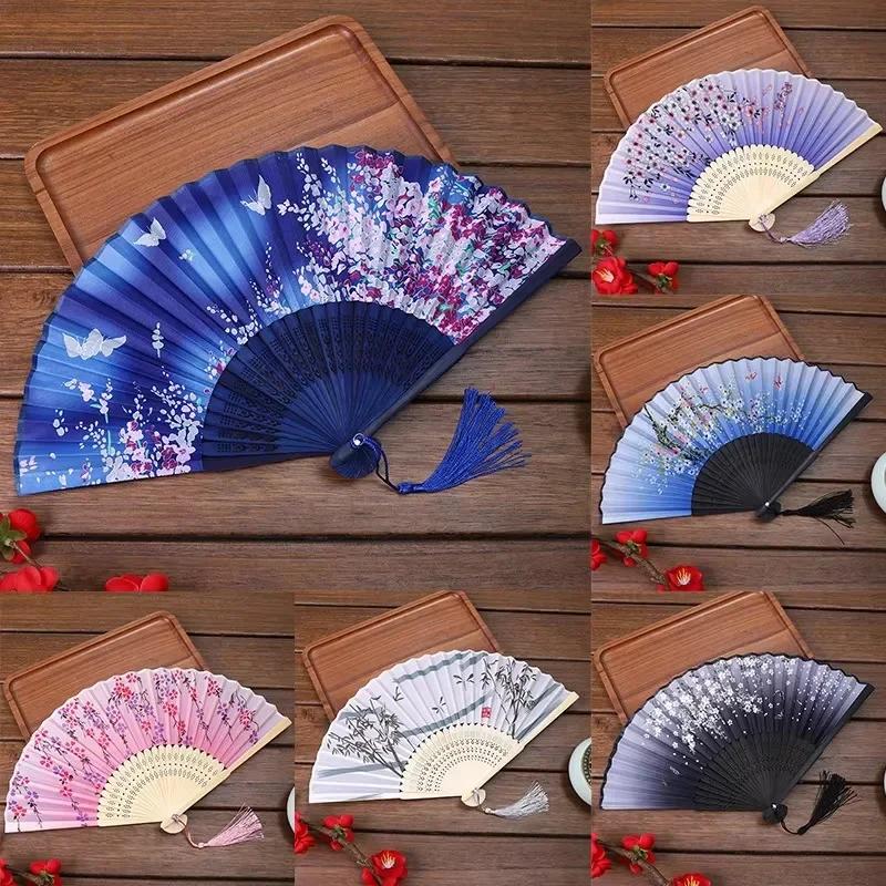 2026 Latest Models Vintage Silk Folding Fan, Chinese, Japanese, Bamboo, Tassel, Dance Hand Fan, Home Decoration, Ornament Craft