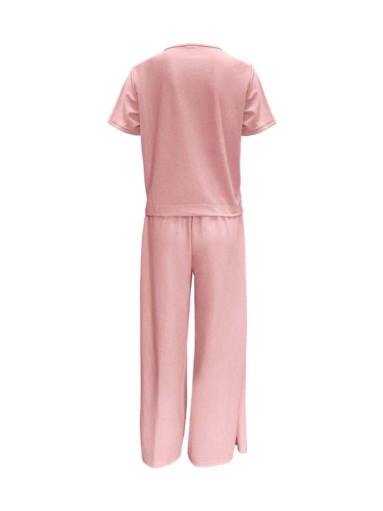 European Summer Pink Linen Women's Two-Piece Set: Short Sleeve Top & Wide-Leg Pants