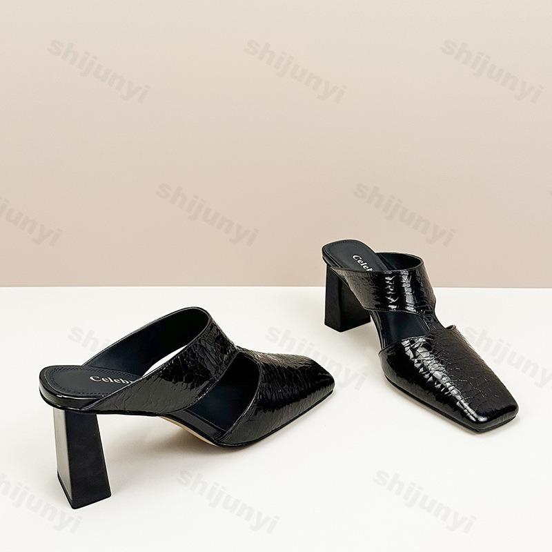 Fashion Women Sandals Fashion Square Toe Shallow High Heel Ladies Mules Casual Shoes Large Size Summer Stiletto Party Dress Sandalias