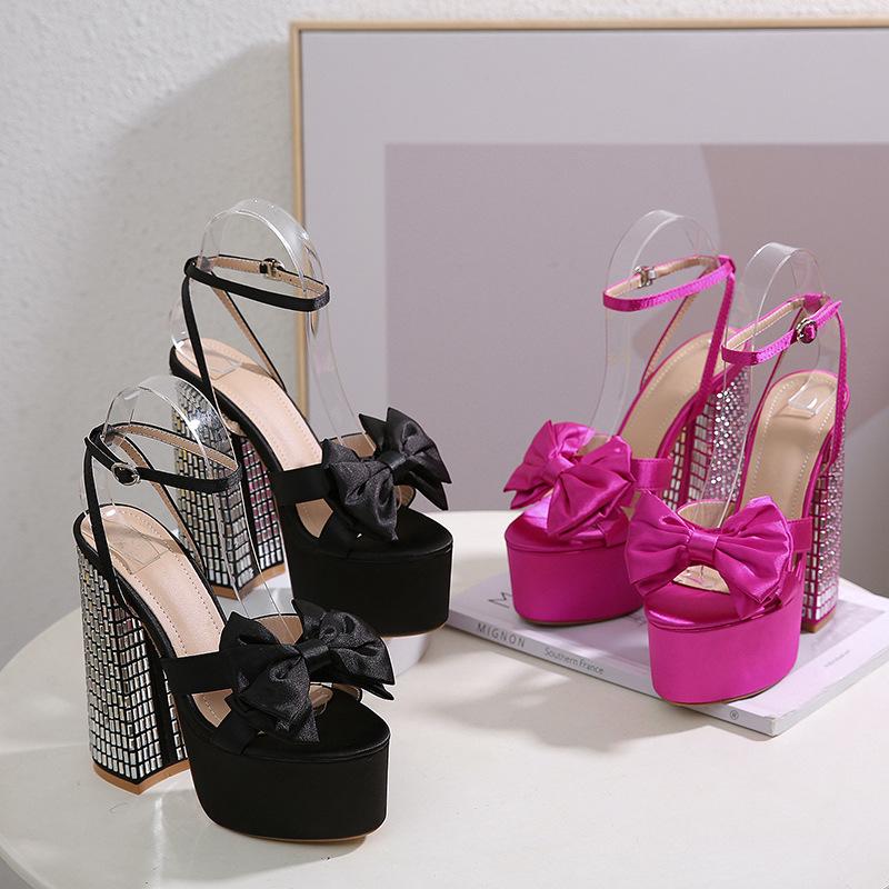 Watertop platform platform high-heeled women's shoes thick-heeled sandals large-size rhinestone bow fish mouth shoes