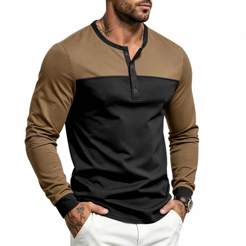 Men's Loose Fit Long Sleeve Shirt with Color Block Button Placket Casual Commute Top
