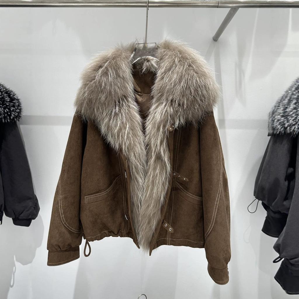 Winter new oversized natural real raccoon fur collar placket jacket women's retro versatile warm down jacket short