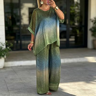 Summer Plus Size 2 Piece Sets for Women Crew Neck Short Sleeve Top Wide Leg Pants Set Casual Loose Lounge Outfits