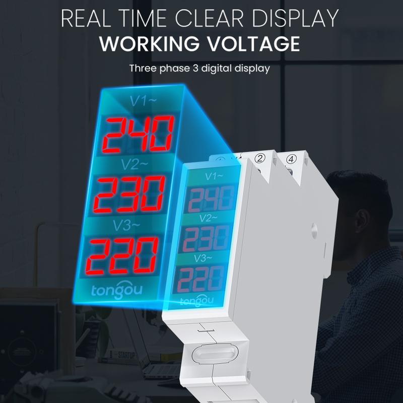 Mini Modular Din Rail Mount Three Phase Voltage Meter with LED Digital Display - Ac 60V-450V Gauge Indicator Detector by TONGOU