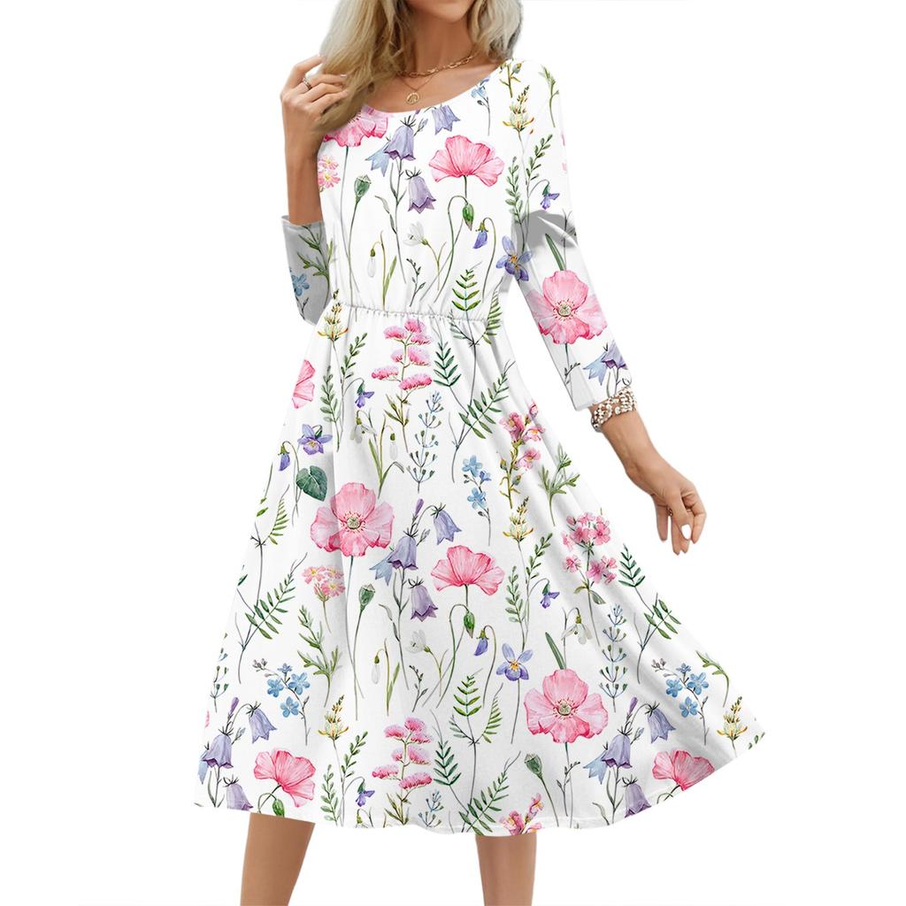 Women's Fashionable Floral And Leaf Loose Dress