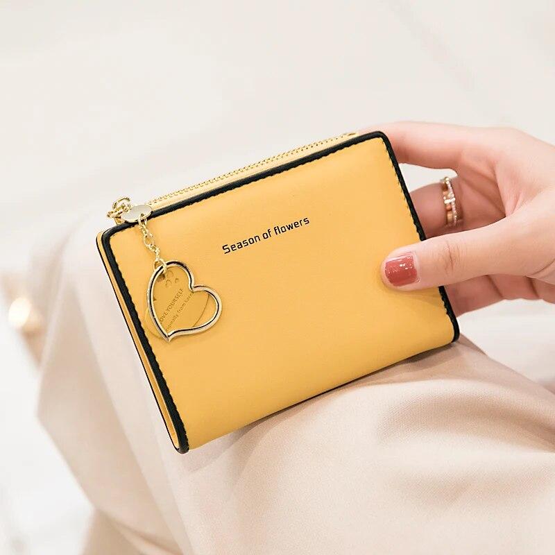 Women'S Small Wallet Double Fold Ultra Thin Zero Wallet Zipper ID Bag, Contrast Color Love Pendant Short Card Bag