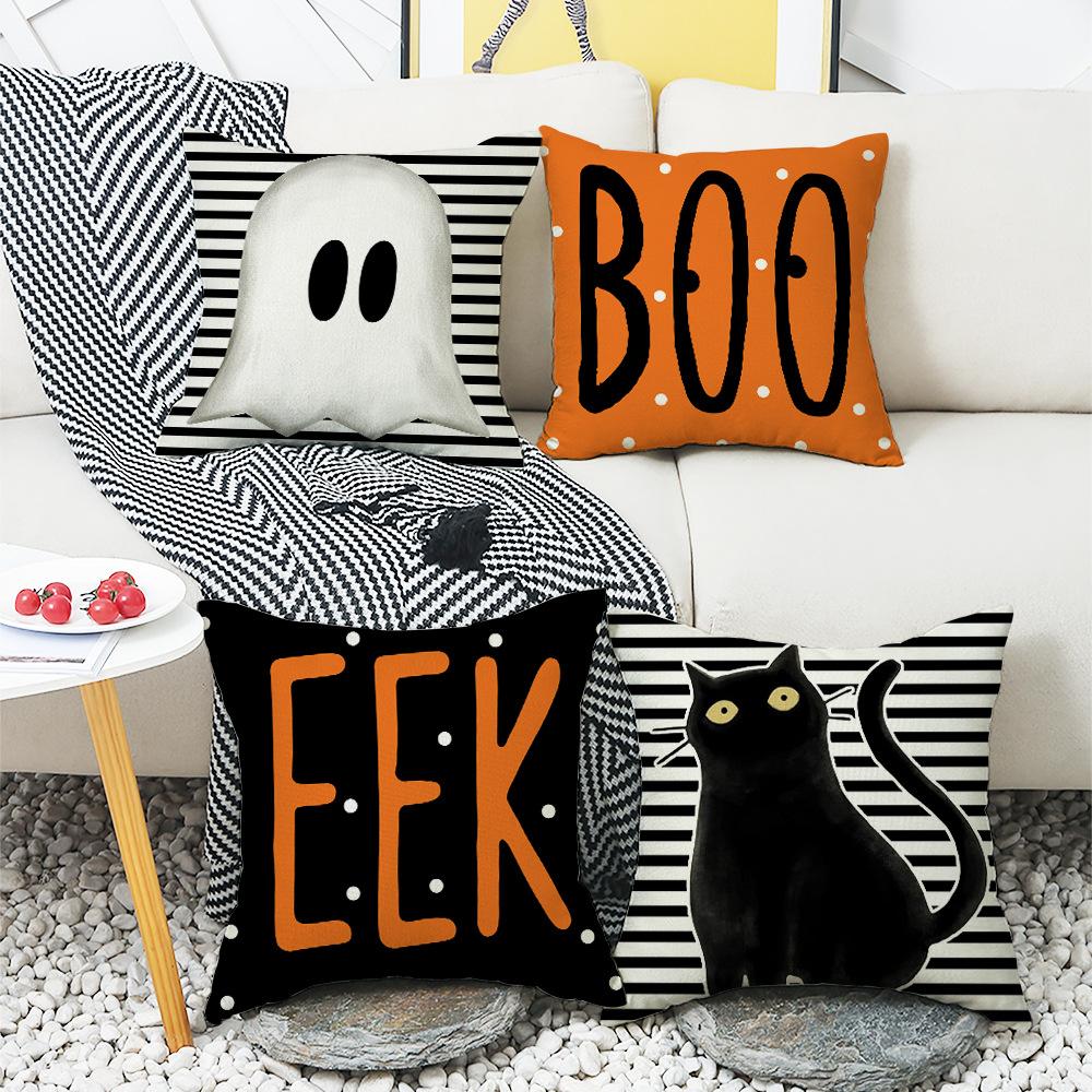 New Halloween Black Cat Striped Linen Pillow Cover Ghost Retro Elements Home Living Room Bedroom Sofa Decoration