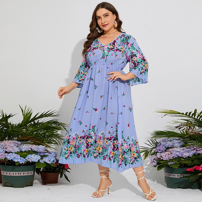Rochie de damă de primăvară vară, mărime mare, din șifon, cu talie elastică, mâneci evazate, rochii lungi de vacanță