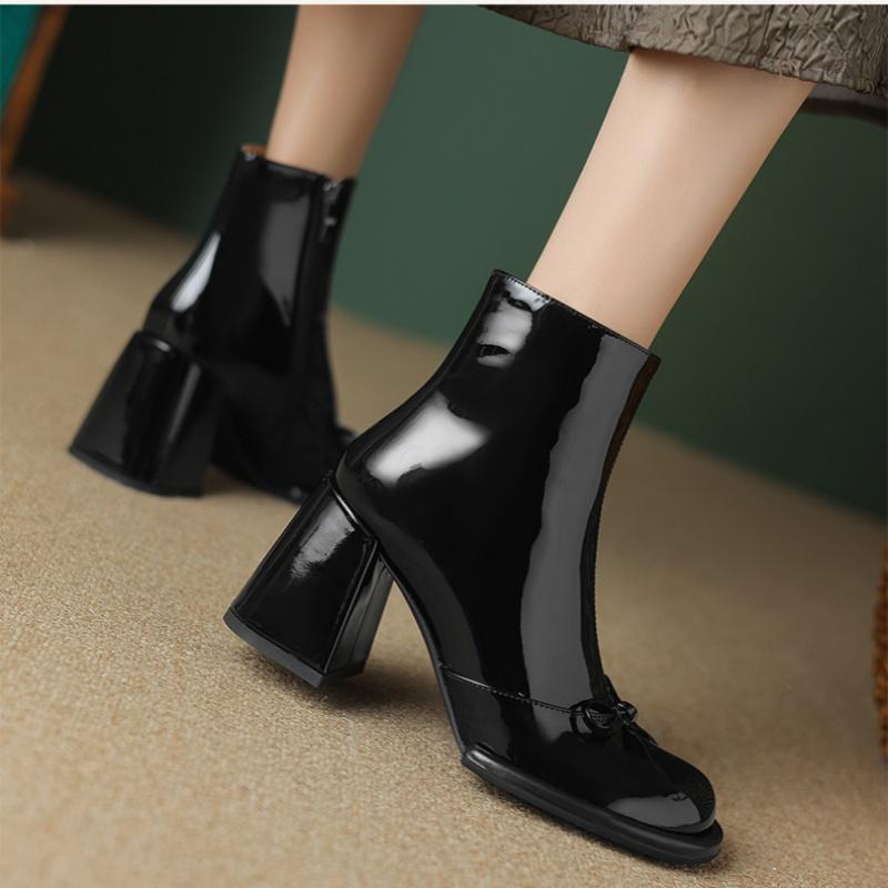 Spring Autumn Bow New Style Round Toe Square Heel Zipper Short Boots Single-barrel Elegant Sexy Temperament Women's Casual Soft
