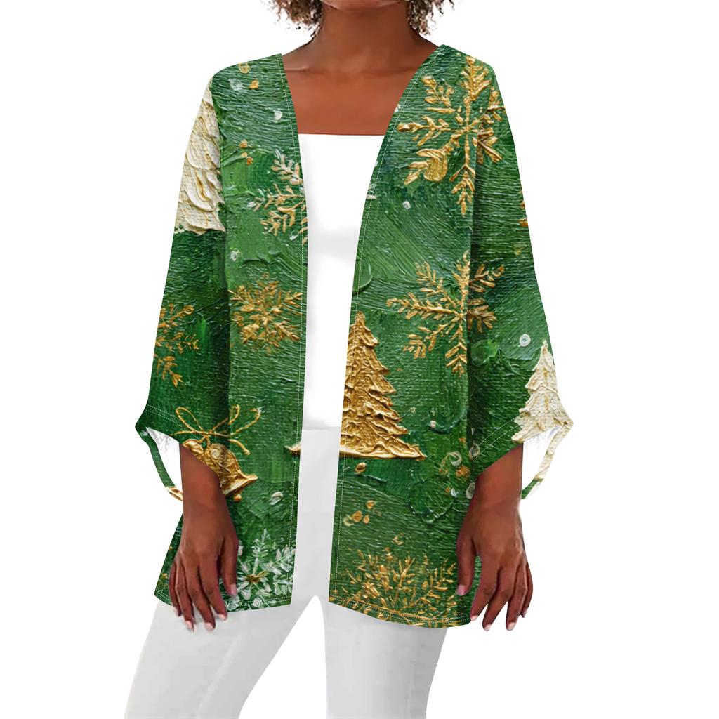 Women's Casual And Fashionable Christmas Printed Lightweight Mid Length Jacket Cardigan