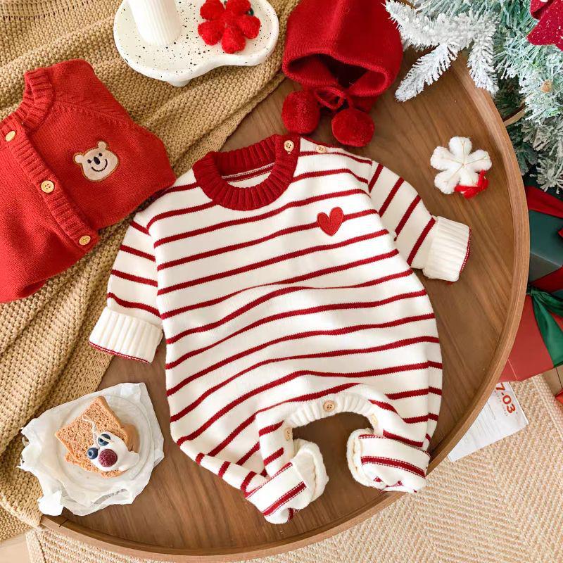 

Autumn Baby Red Knitted Romper - Super Cute Newborn Full Moon Outfit 73 cm