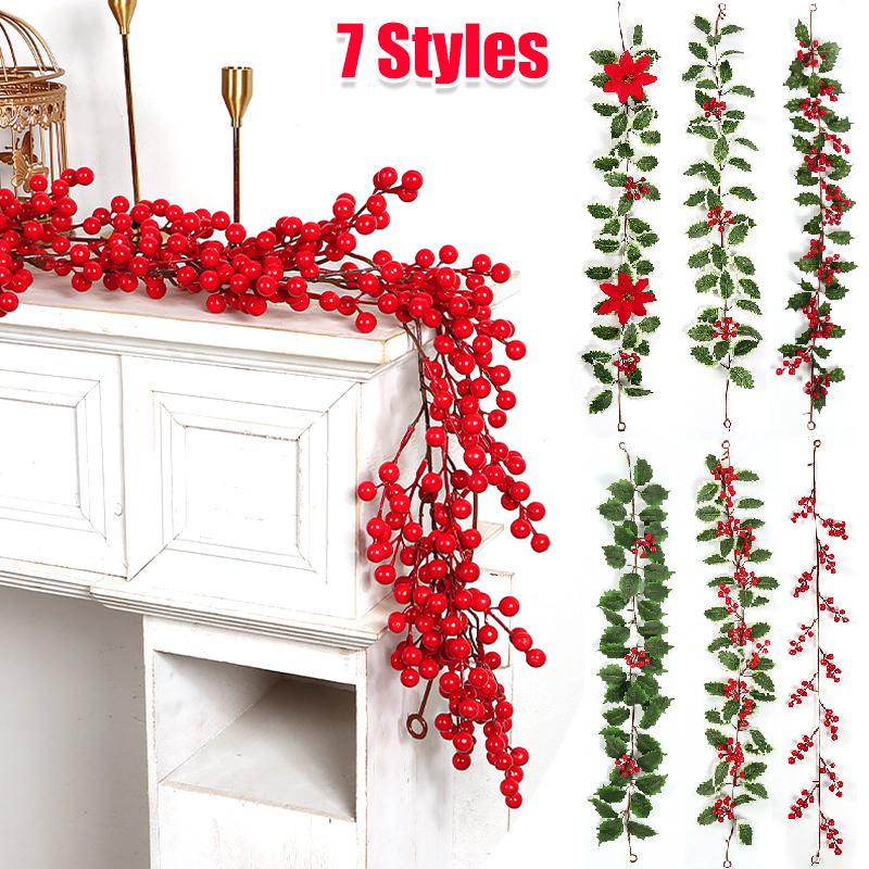 1PC Christmas Tree Vine Decorations Fireplace Wreath Gardens Artificial Holly Leaves Home Plastic Xmas Trees Red Berries Holiday