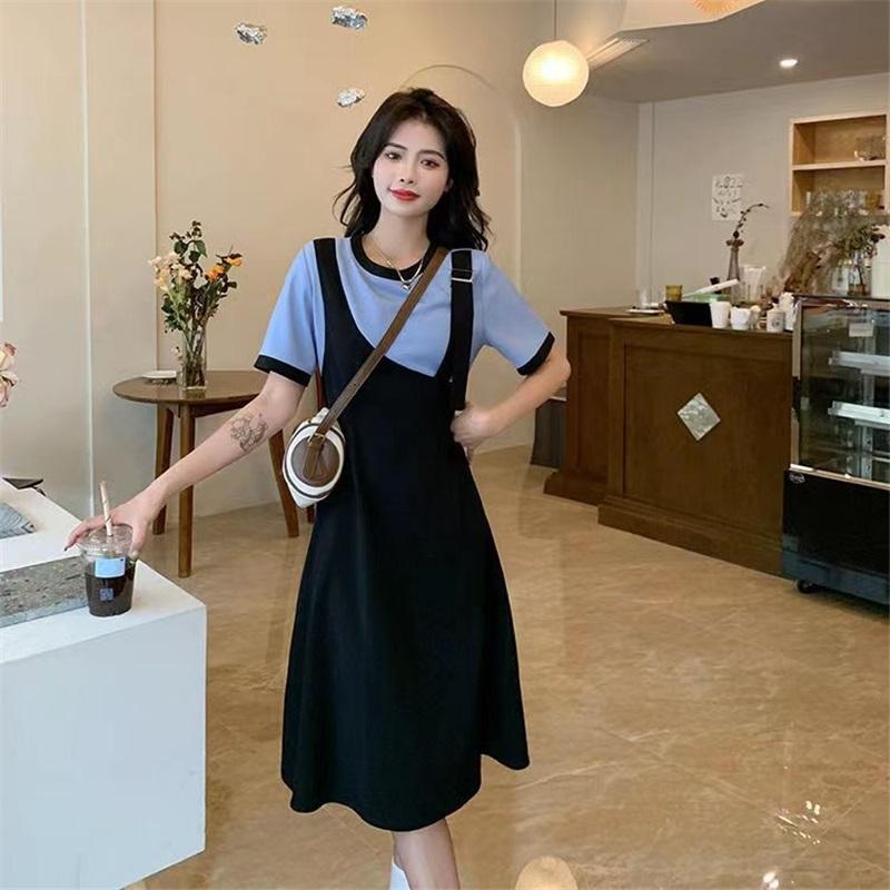 Women's Plus Size Fake Two-Piece Dress Black White Colorblock Casual Summer Short Sleeve A-Line Sundress