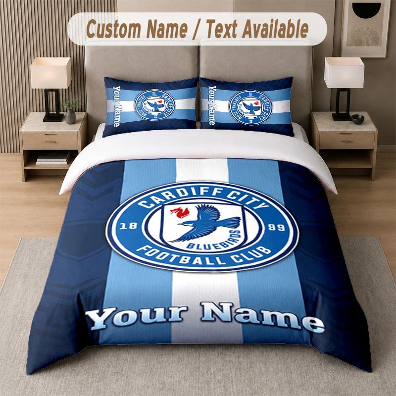 Custom Bedding Set Cardiff City Pattern, Print Name Text 1 Duvet Cover Plus 2 Pillowcases Home Textile