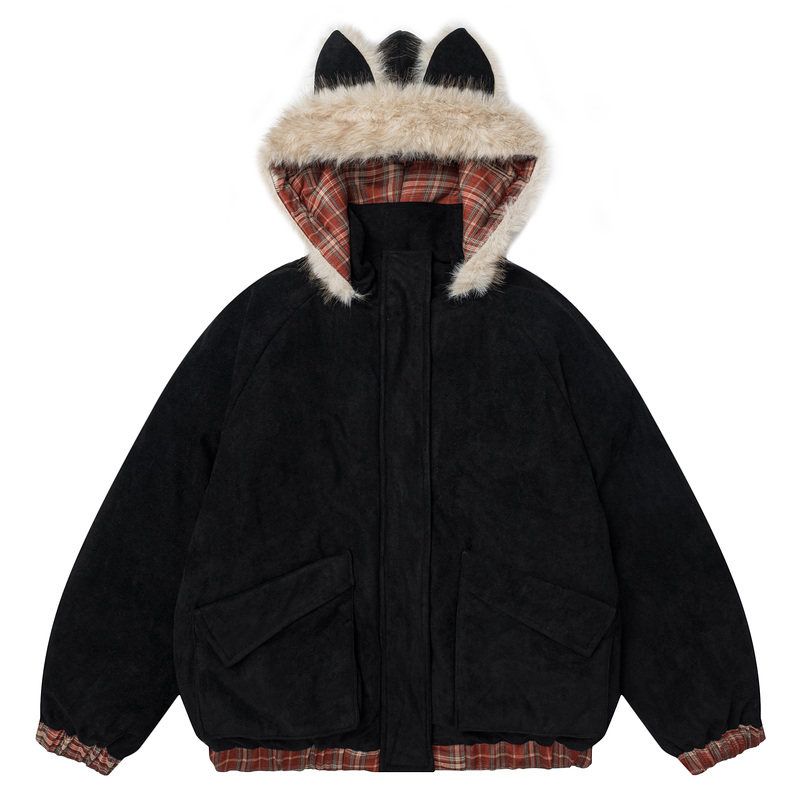 51 Hip-Hop Trendy Brand Retro Suede Cat Ear Hooded Cotton Jacket for Men, Winter Thickened American-Style Fur Collar Padded Cotton Coat