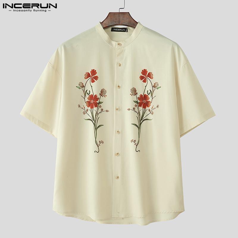INCERUN Summer Men Collarless Short Sleeve Floral Print Casual Loose Shirts
