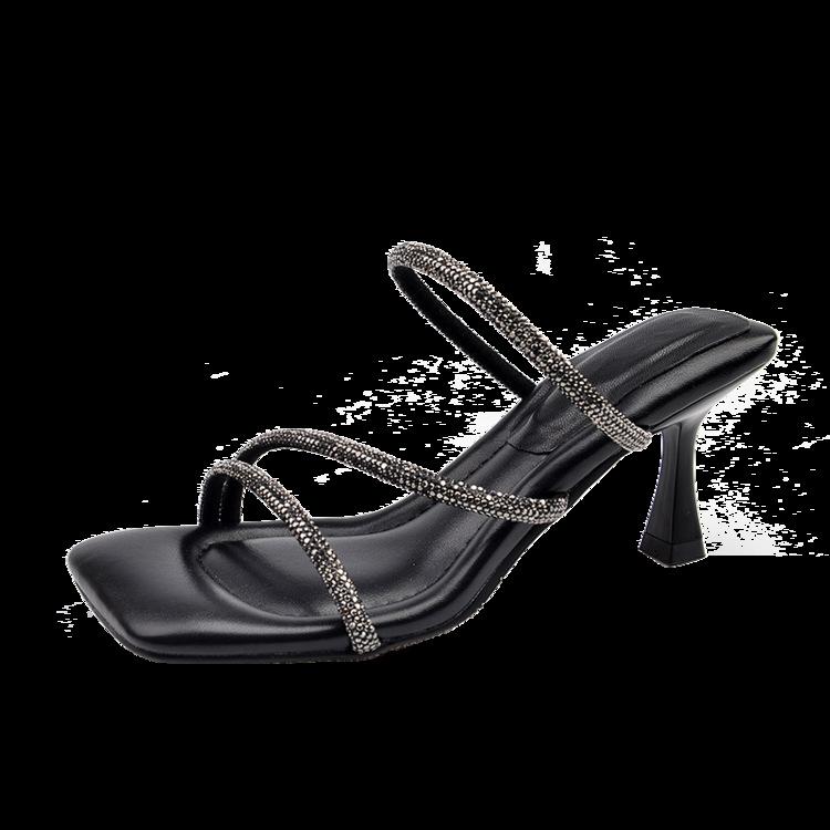 Fairy Rhinestone with Cool Slippers, Female Outer Wear Summer Square Head Stepping On Shit Feeling High Heels Fashion Sandals