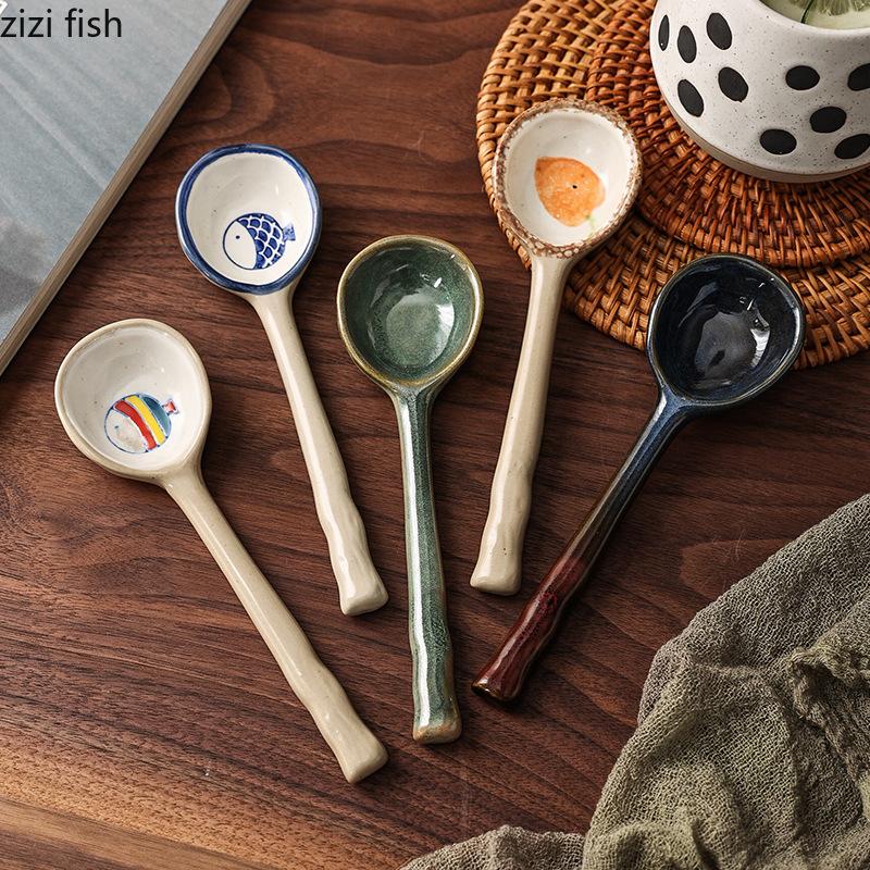 Japanese Style Coarse Pottery Spoon Creative Coffee Spoon Dessert Spoon Restaurant Cute Long Handled Rice Spoons Kitchen Tools