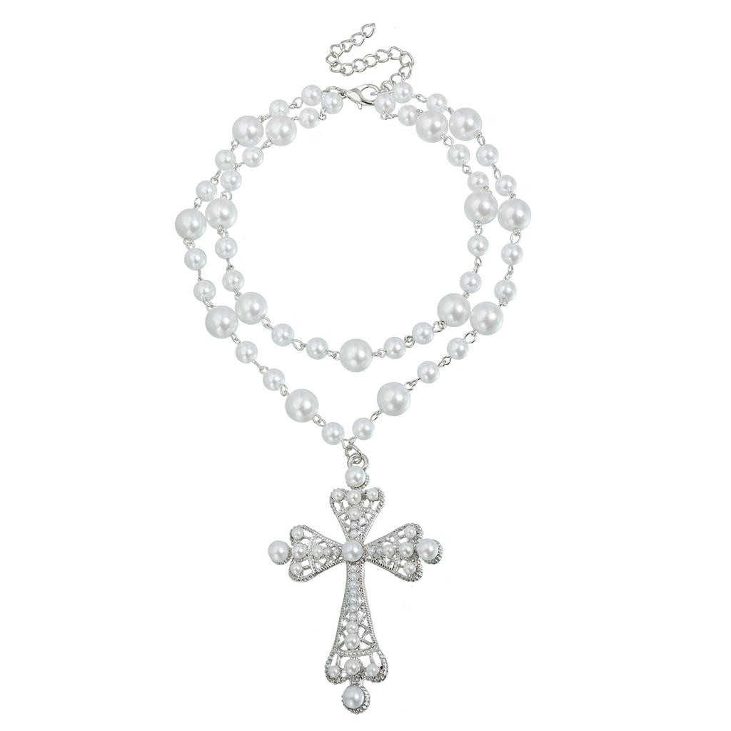 Dark Less Inlaid Pearl Necklace Ins Spice Girl Exaggerated Wind Cross Necklace