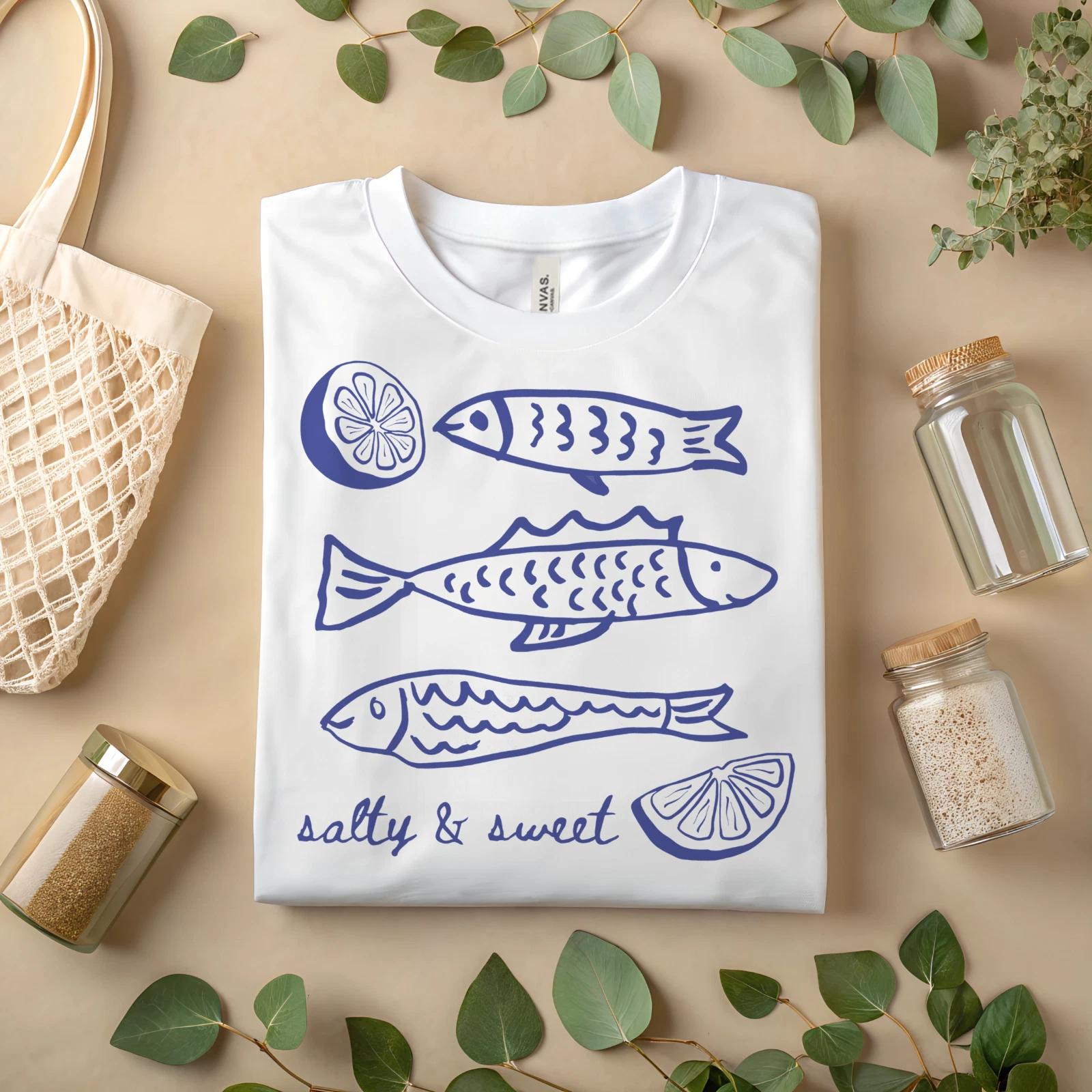 Salty & Sweet Fish Lemon Shirt Coastal Ocean Beach Graphic Tee Summer A81 L
