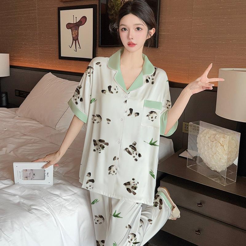 Guofeng Panda Luxury Ice Silk Satin Pajamas Women'S Loungewear Short Sleeve Pants Loungewear High Value Set