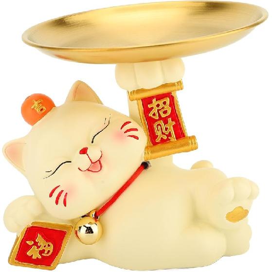 Resin Cat Decorative Tray Figurines, Panda Statue Lucky Cat Dancing Funny Cat Statue for Home, Bedroom, Office Entrance Table Decor and Gadgets