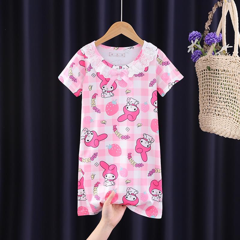 Lace Short Sleeve Cartoon Nightgown for Girls - Summer Pajamas