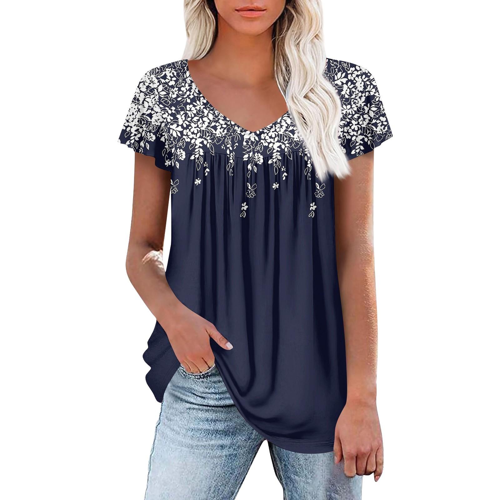 

Женские туники, элегантные повседневные летние рубашки с коротким рукавом, цветочные свободные плиссированные топы в стиле бохо XL тёмно-синий