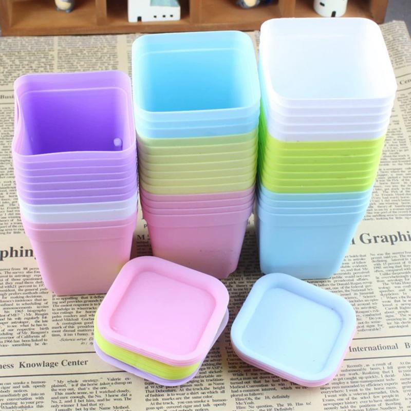10PCS Square Mini Flowerpot Candy Colors Plastic Plant Pot Drainage Holes Tray Succulent Pot Indoor Outdoor Garden Nurseries ZYF