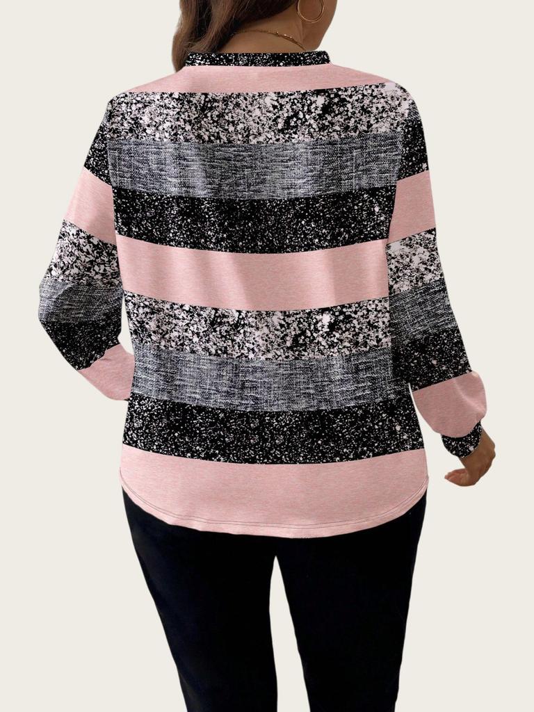European American Women's Plus Size V-Neck Stripe Print Long Sleeve Top - Spring/Autumn
