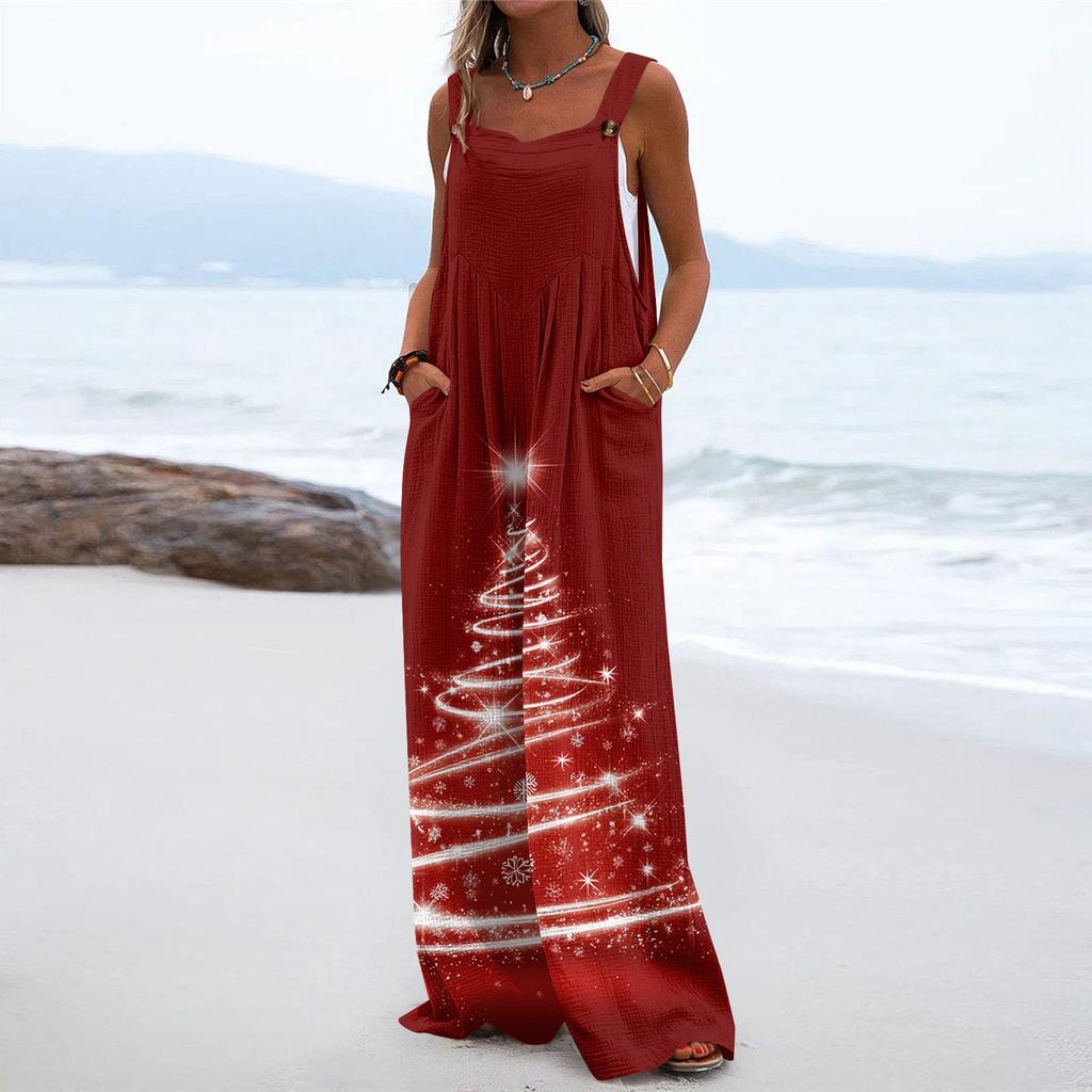 Women's Christmas Print Solid Wide Leg Strapless Tank Pocket Casual Onesie