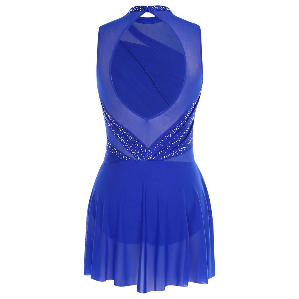 Womens Gymnastics Artistic Figure Skating Ballet Lyrical Dance Leotards Dress Rhinestones Built -In Crotch Buttons Briefs Dress