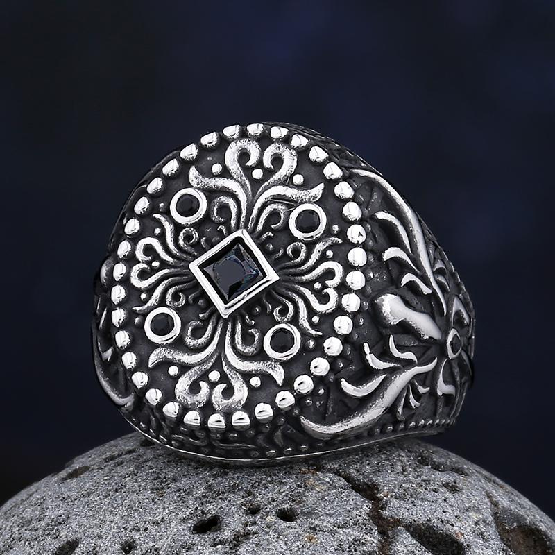New 316L Stainless Steel Retro Turkish Signet Pattern Totem Rings With Red&Black Inlay Zircon For Man Punk Motor Biker Jewelry