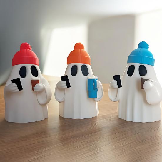Halloween Ghost Figurine Cute Ghost Holding Phone And Cup Statue Small Ghost Tabletop Ornament for Halloween Home Decor