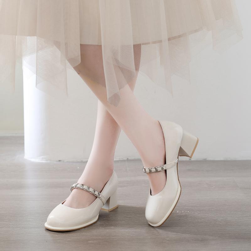 Fashion Metal Buckle One Strap Square Heel Single Shoes New Round Toe Shallow Mouth Mary Jane Shoes for Autumn