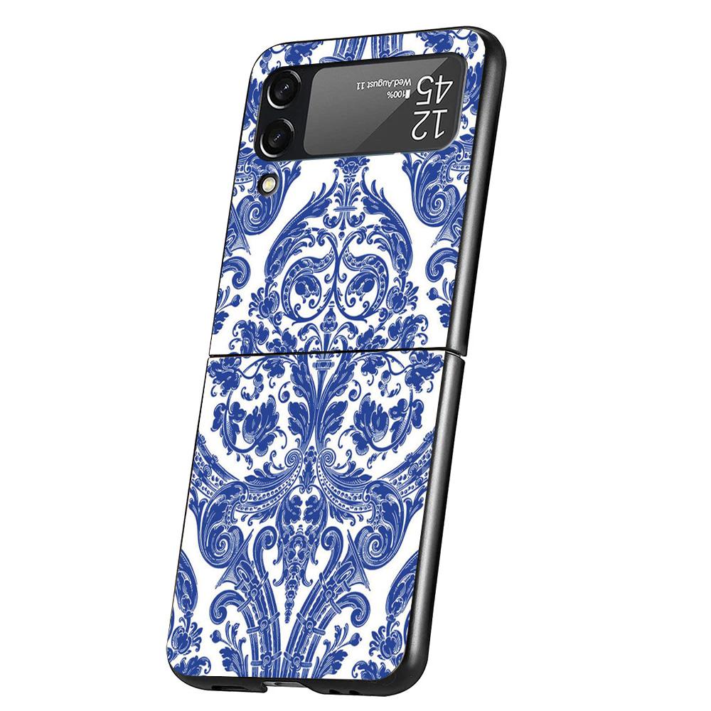 Blue And White Porcelain Case Phone Cover for Samsung Galaxy Z Flip 7 6 5 4 3 5G ZFlip7 ZFlip6 ZFlip5 ZFlip4 ZFlip3 Black Fundas