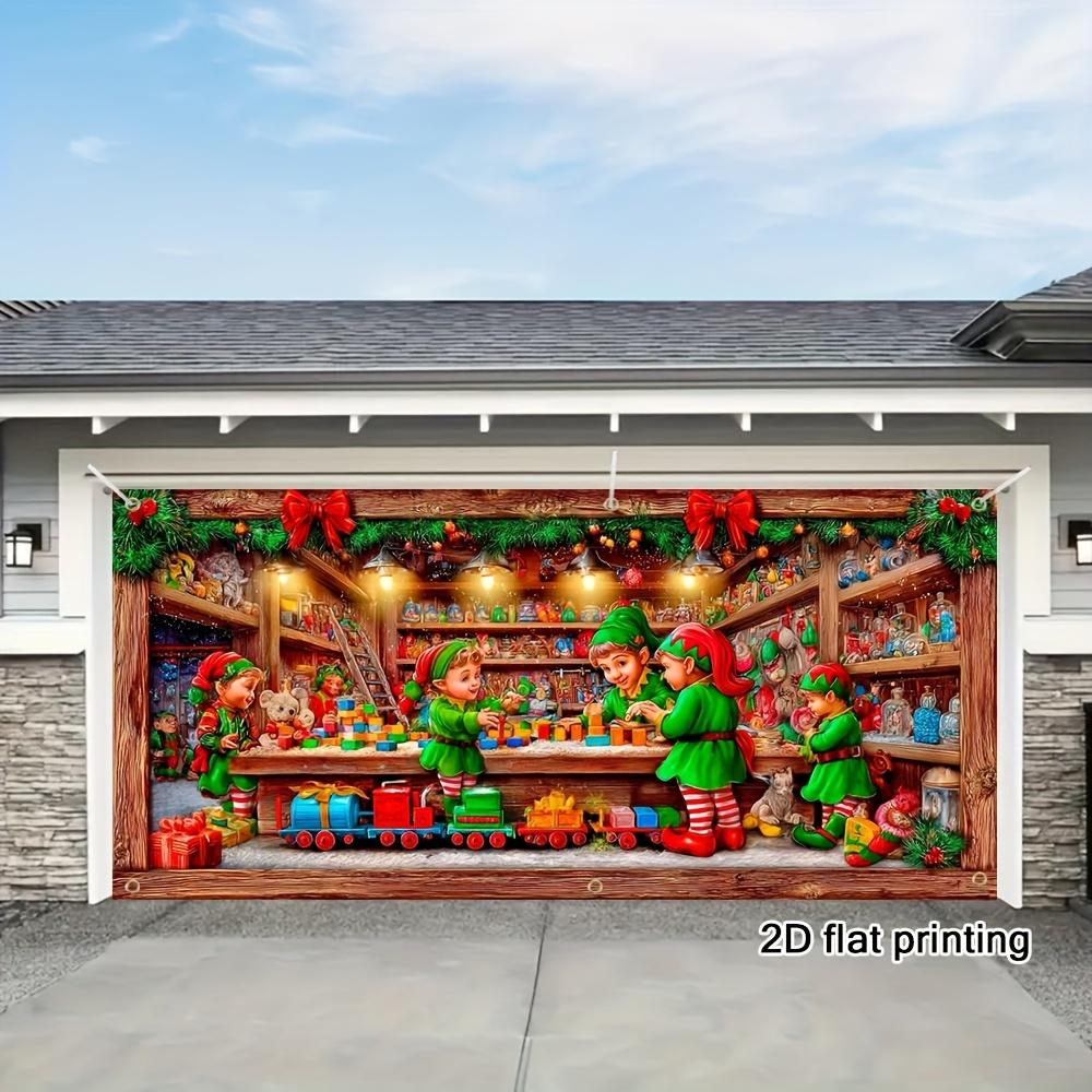 2D flat 1pc Santa Claus and Elves Workshop garage door banner - Holiday Christmas scene with train, holiday decoration