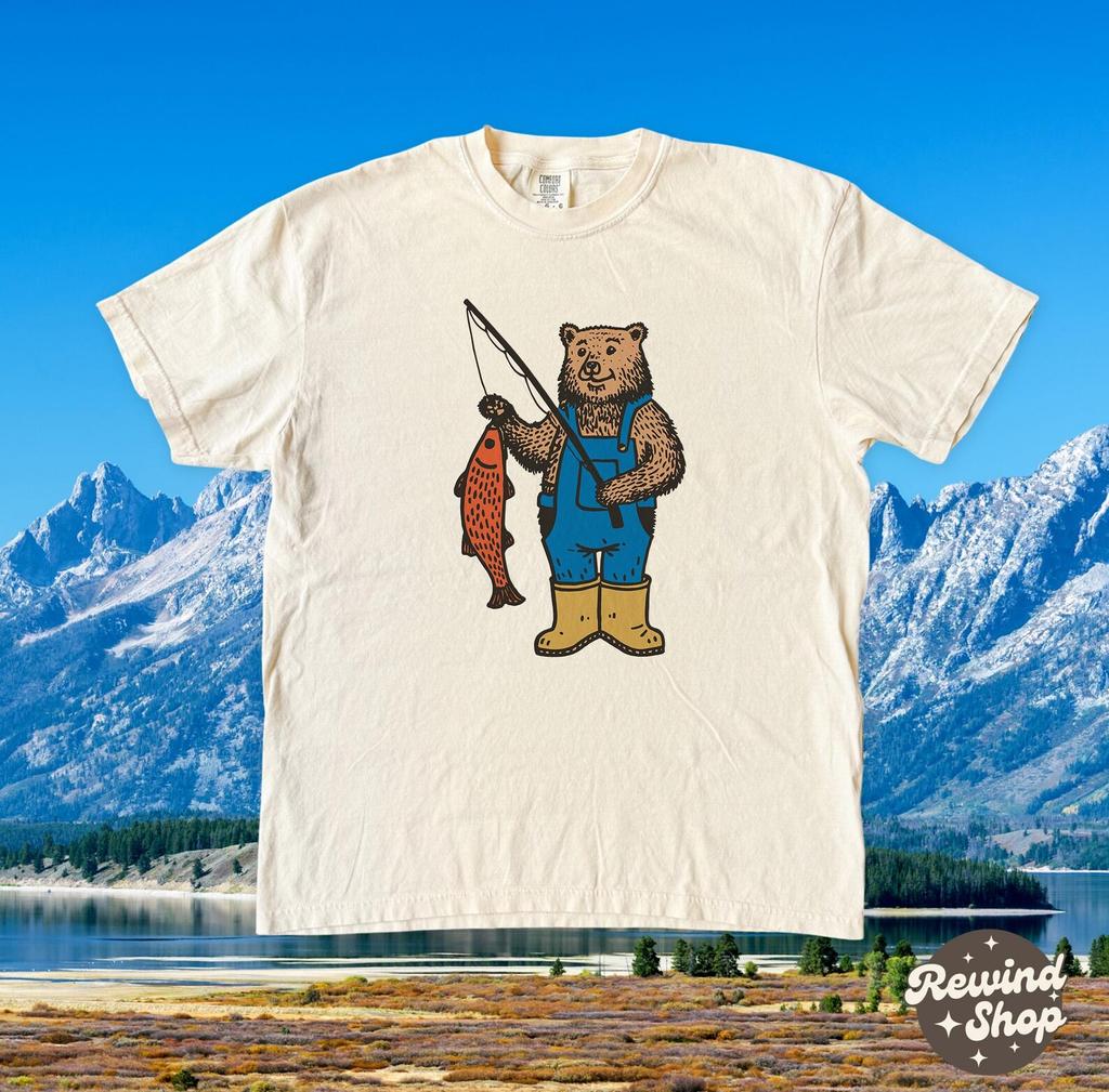 Bear Fishing TShirt, Comfort Colors Wildlife Graphic Tee, Vintage Nature Lover Gift for Fisherman