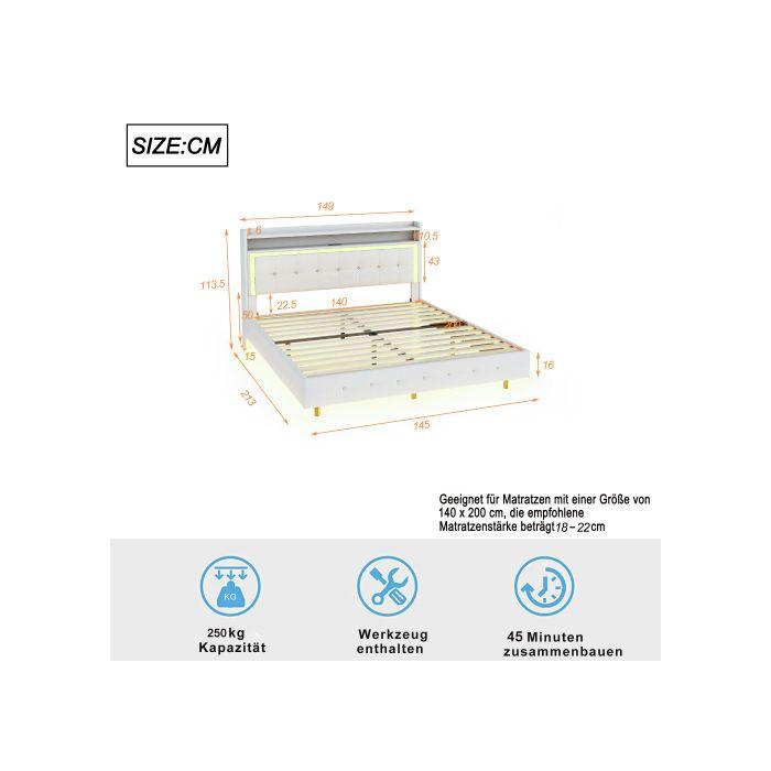 Lit Rembourré - MUVOE - 140x200 Cm - Prise USB - Éclairage LED - Tissu Lin Beige