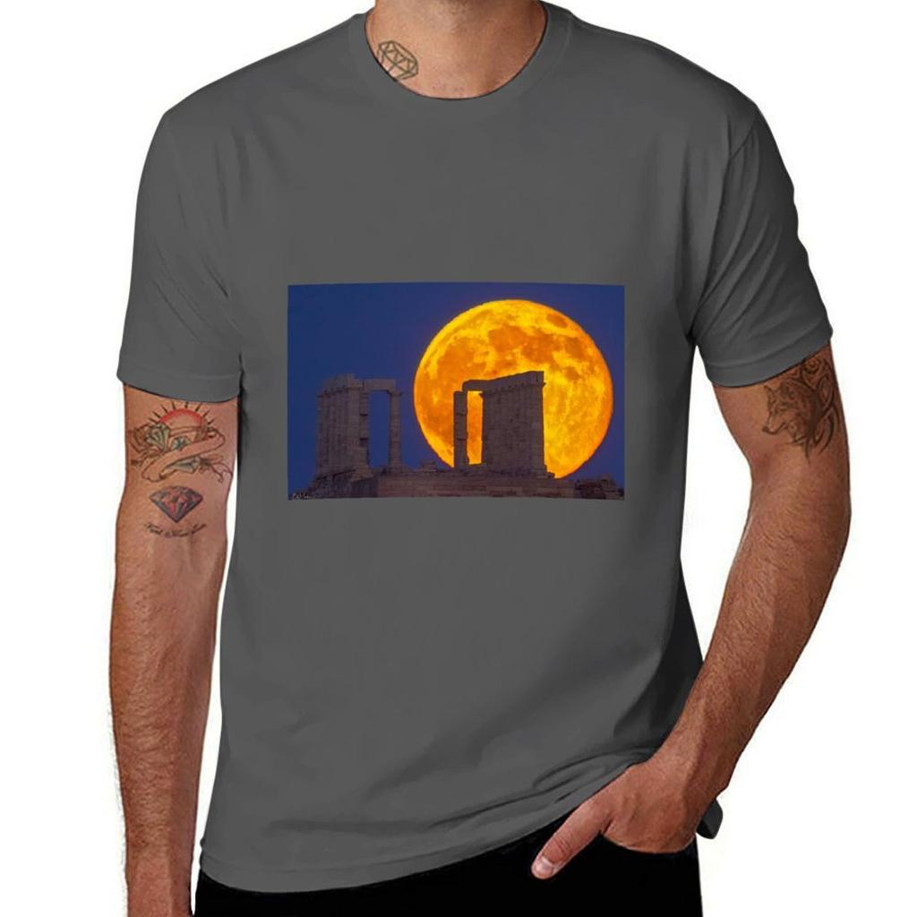 Full Moon The Temple Of Sounion Athens Tshirt Basic Casual Wear Short Sleeve Top