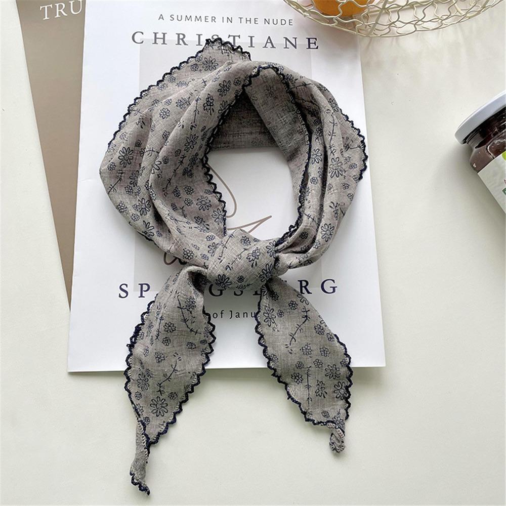 Lightweight Floral Triangle Scarf Korean Style Thin Vintage Neck Scarf Head Wrap Breathable Cotton Linen Scarf for Women