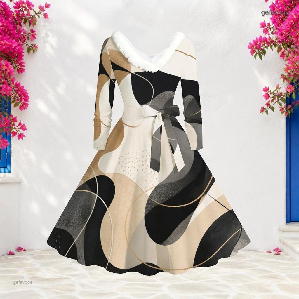 Women Plus Size V Neck Furry Trim Long Sleeve Belted Abstract Print A Line Midi Dress