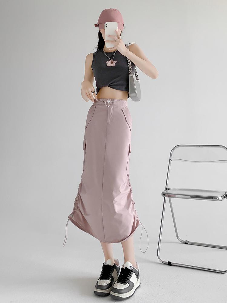 Cargo Midi Skirt Women Summer Slim High Waist Slit A-line Skirt Stitching Drawstring Female Streetwear Vintage Y2K Grey
