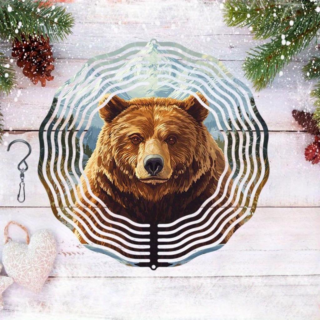Metal Wind Chime with Rotating Brown Bear Design Outdoor Garden Decor Soothing Wind Powered Sound No Batteries Needed Handcrafted Gift