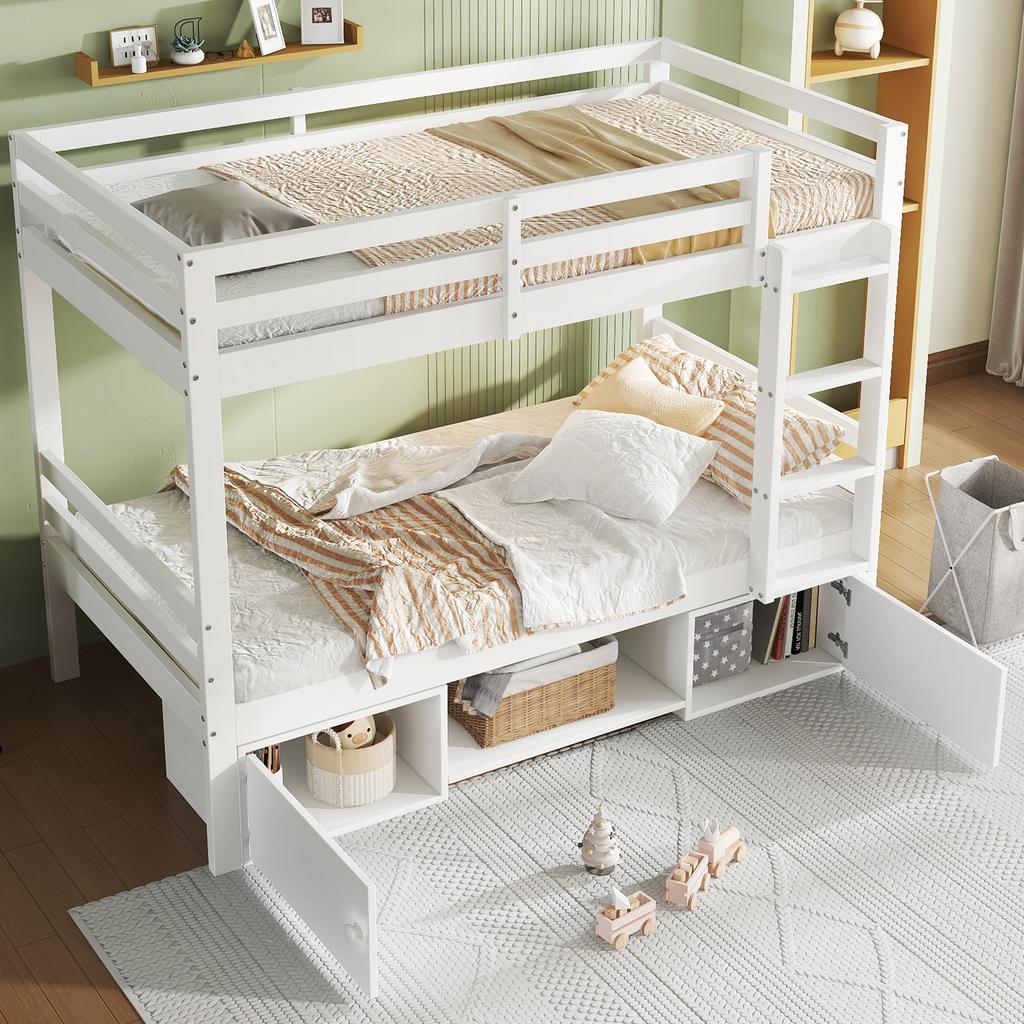 Etagenbett für Kinder, Kinderbett mit Schuhregalen und Schließfächern, Bett teilbar in 2 Einzelbetten, Jugendbett, Einzelbett, Weiß, 90x200cm.