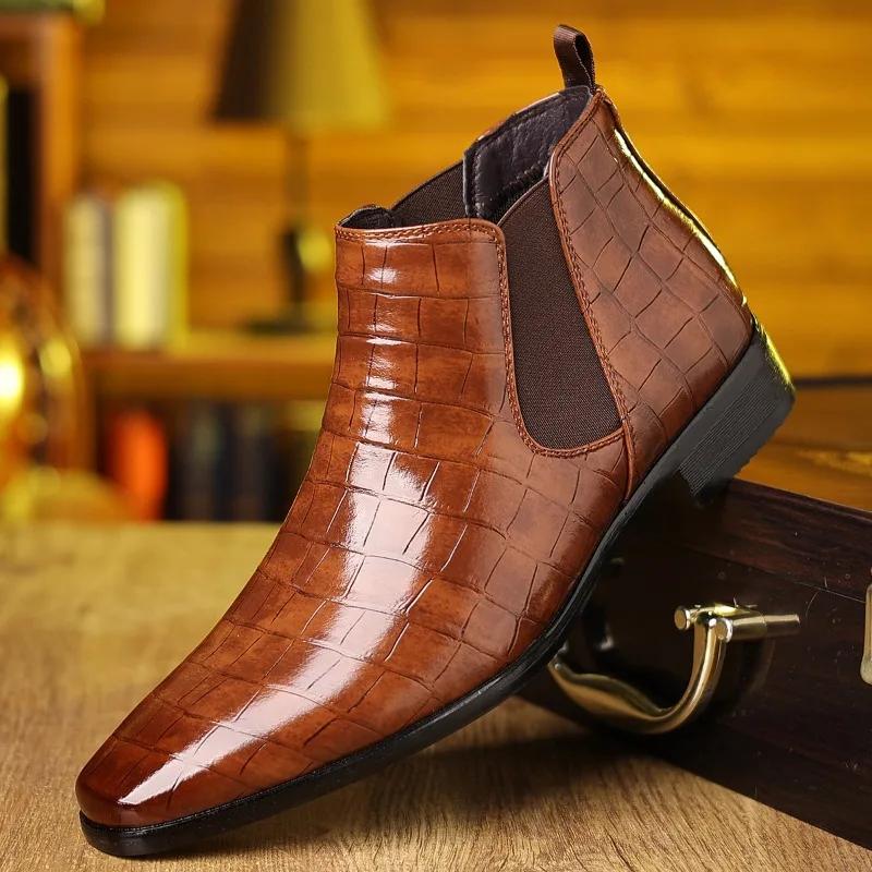Big Size Stone Pattern Dress Shoes for Men Autumn Winter  Soft-soled Men Leather Boots New Designer Platform Chelsea Boots Male